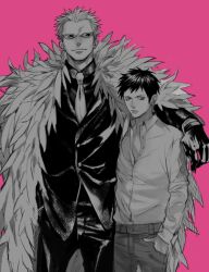Rule 34 | 2boys, black gloves, black hair, black suit, blonde hair, cowboy shot, donquixote doflamingo, earrings, feather coat, formal, gloves, hand in pocket, hand on another&#039;s shoulder, jewelry, ji myo, long sleeves, looking at viewer, male focus, monochrome, multiple boys, necktie, one piece, partially colored, pink background, shirt, short hair, smile, suit, sunglasses, third-party source, trafalgar law, white necktie, white shirt