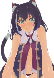 Rule 34 | 1girl, all fours, animal ear fluff, animal ears, bare arms, bare shoulders, black hair, black panties, blush, bow, bow panties, cat ears, cat girl, cat tail, closed mouth, commentary request, gluteal fold, green eyes, hair between eyes, hinata masaki, karyl (princess connect!), long hair, looking at viewer, multicolored hair, navel, no pants, open clothes, panties, princess connect!, shirt, simple background, sleeveless, sleeveless shirt, solo, streaked hair, tail, underwear, v-shaped eyebrows, very long hair, wavy mouth, white background, white hair, white shirt
