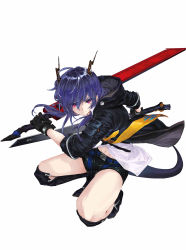 1girl, absurdres, arknights, black footwear, black gloves, blue hair, ch&#039;en (arknights), dragon girl, dragon horns, duang, gloves, highres, holding, holding weapon, horns, jacket, long hair, looking at viewer, necktie, red eyes, shorts, solo, sword, tail, weapon