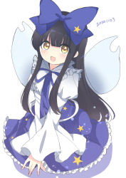 Rule 34 | 1girl, black hair, blue bow, blue dress, blue neckwear, blush, bow, dress, eyes visible through hair, fairy wings, hair between eyes, highres, hime cut, long hair, long sleeves, looking at viewer, open mouth, ougi hina, seiza, simple background, sitting, smile, solo, star (symbol), star print, star sapphire, touhou, white background, white sleeves, wings, yellow eyes
