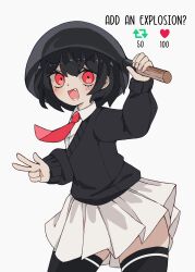 Rule 34 | 1girl, :d, absurdres, adjusting clothes, adjusting headwear, black hair, black sweater, black thighhighs, blush, bob cut, collared shirt, commentary, cowboy shot, dress shirt, english commentary, english text, fang, floating neckwear, heart, highres, like and retweet, long sleeves, looking at viewer, mai (melonbread), melonbread, meme, necktie, open mouth, original, pleated skirt, pot on head, red eyes, red necktie, school uniform, shirt, short hair, simple background, skirt, smile, solo, standing, sweater, thighhighs, twitter strip game (meme), v-neck, v-shaped eyebrows, w, white background, white shirt, white skirt, wok