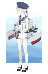 Rule 34 | 10s, 1girl, adapted costume, alternate costume, androgynous, artist name, ascot, bare legs, beret, blue eyes, bobby socks, border, bottomless, clothes writing, dated, dress, full body, hat, high heels, holding, kantai collection, kawashina (momen silicon), machinery, mary janes, neckerchief, outside border, sailor collar, sailor dress, sailor hat, shoes, short hair, silver hair, simple background, sleeveless, socks, solo, standing, turret, very short hair, white background, z1 leberecht maass (kancolle)
