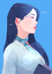 Rule 34 | 1girl, absurdres, black eyes, black hair, blue background, blue cardigan, breasts, cardigan, earrings, from side, gagseol-i (agwj04151), highres, izone, jewelry, korean commentary, lens flare, long hair, looking up, medium breasts, parted lips, real life, solo, wonyoung (ive)