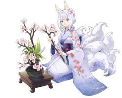 Rule 34 | 1girl, animal ears, artist request, azur lane, blue eyes, cherry blossoms, closed mouth, floral print, flower, fox ears, fox girl, fox tail, hair flower, hair ornament, highres, japanese clothes, kaga (azur lane), kaga (gentle blossom&#039;s sigh) (azur lane), kimono, long sleeves, looking at viewer, multiple tails, official alternate costume, official art, pink flower, seiza, short hair, sitting, smile, stick, tail, transparent background, white hair, white kimono, wide sleeves