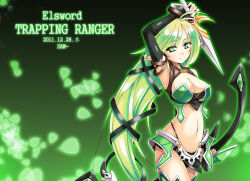 Rule 34 | 10s, 1girl, 2011, antenna hair, bow (weapon), copyright name, dagger, dated, ecell, elf, elsword, fingerless gloves, gloves, green background, green eyes, green hair, green theme, highres, knife, leaf, long hair, matching hair/eyes, panties, pointy ears, rena erindel, ribbon, smile, solo, trapping ranger (elsword), underwear, weapon
