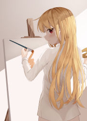 Rule 34 | 1girl, absurdres, art brush, blonde hair, blush, canvas (object), closed mouth, collared shirt, commentary request, easel, from behind, highres, long hair, long sleeves, looking at viewer, looking back, opm7760, paintbrush, painting (action), palette (object), red eyes, sakura-sou no pet na kanojo, shadow, shiina mashiro, shirt, smile, solo, standing, white shirt