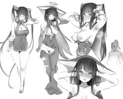 Rule 34 | 1girl, armpits, arms behind head, arms up, bare shoulders, blush, breast curtains, breasts, breasts out, character sheet, cleavage, cleft of venus, clothes pull, collarbone, covered navel, detached sleeves, dress, dress pull, elbow gloves, fate/grand order, fate (series), full body, gloves, greyscale, hair ornament, halo, hat, heart, heart-shaped pupils, high heels, highres, kurowa, large breasts, leaf hair ornament, long hair, looking at viewer, monochrome, multiple views, nipples, no panties, open mouth, parted lips, pelvic curtain, pussy, revealing clothes, short dress, sidelocks, simple background, smile, symbol-shaped pupils, twintails, white background, yang guifei (fate), yang guifei (third ascension) (fate)