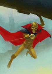 Rule 34 | 1boy, arm up, black cape, cape, high collar, highres, holding, holding scepter, ougon bat, ougon bat (character), polymental69, red cape, scepter, skull, superhero costume, two-sided cape, two-sided fabric