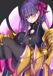 Rule 34 | 1girl, :o, absurdres, bare shoulders, black neckwear, black pantyhose, bodysuit, breast rest, breasts, claws, cleavage, cleavage cutout, clothing cutout, collar, fate/extra, fate/extra ccc, fate/grand order, fate (series), feet out of frame, gauntlets, grey background, hair over eyes, hair ribbon, halterneck, high heels, highres, huge breasts, legs up, long hair, looking down, pantyhose, parted lips, passionlip (fate), pink eyes, pink footwear, pink ribbon, purple hair, ribbon, shoulder cutout, sidelocks, simple background, solo, sweatdrop, thighs, yagitani hitsuji