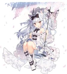 Rule 34 | 1girl, :d, alternate costume, animal ears, azur lane, bare shoulders, black bow, blush, boots, bow, breasts, cat ears, cross-laced footwear, dress, eyebrows, eyelashes, eyes visible through hair, fang, frilled dress, frills, full body, hair between eyes, high heel boots, high heels, holding, holding umbrella, lace-up boots, long hair, off-shoulder dress, off shoulder, official art, open mouth, orange eyes, parasol, petals, saru, silver hair, sitting, small breasts, smile, solo, straight hair, swing, tachi-e, torpedo, torpedo tubes, transparent background, two side up, umbrella, white bow, white dress, white footwear, yellow pupils, yukikaze (azur lane), yukikaze (sovereign of the swing) (azur lane)
