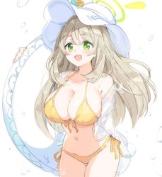 Rule 34 | 1girl, bikini, blonde hair, blue archive, blush, breasts, cleavage, collarbone, front-tie top, green eyes, halo, hat, highres, innertube, large breasts, long hair, looking at viewer, navel, nonomi (blue archive), nonomi (swimsuit) (blue archive), panties, paragasu (parags112), see-through shawl, shawl, side-tie panties, smile, solo, splashing, straight hair, sun hat, swim ring, swimsuit, thigh gap, underwear, white hat, yellow bikini