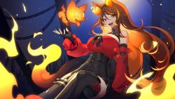 Rule 34 | 1girl, absurdres, animal ears, black nails, breasts, brown hair, chain, collar, fingerless gloves, fingernails, fishnets, flame-tipped tail, gloves, highres, large breasts, long fingernails, long hair, looking at viewer, nail polish, nanoless, night, night sky, open mouth, ribbon, sinder (vtuber), sky, solo, spiked collar, spikes, tail, thick thighs, thighhighs, thighs