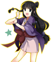 Rule 34 | 1girl, ace attorney, black hair, blue eyes, bow, hair ornament, half updo, japanese clothes, jewelry, kenao, kimono, long hair, looking at viewer, magatama, maya fey, necklace, open mouth, simple background, smile, solo, waist bow