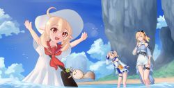 Rule 34 | :d, ahoge, akarui (akaruiakarui), alternate costume, arms up, bag, bag charm, barbara (genshin impact), barbara (summertime sparkle) (genshin impact), beach, blonde hair, blue eyes, blue one-piece swimsuit, blue sky, bow, casual, charm (object), cloud, cloudy sky, clover print, commentary request, detached sleeves, dodoco (genshin impact), dress, drill hair, duck print, genshin impact, hair between eyes, hair bow, hair ribbon, hand on own chest, handbag, hat, highres, horizon, in water, island, jean (genshin impact), jean (sea breeze dandelion) (genshin impact), klee (genshin impact), leaning forward, long hair, looking at viewer, ocean, one-piece swimsuit, open mouth, outstretched arms, pointy ears, ponytail, red eyes, ribbon, sailor collar, sailor dress, salute, shoulder bag, sidelocks, sky, smile, spread arms, sun hat, swimsuit, twin drills, wading