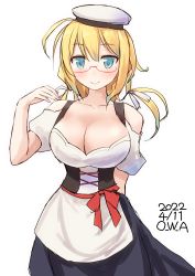 Rule 34 | 1girl, alternate costume, apron, arm behind back, artist name, black skirt, blonde hair, blouse, blue eyes, bodice, breasts, commentary request, dated, dirndl, german clothes, glasses, hat, highres, i-8 (kancolle), kantai collection, large breasts, looking at viewer, low twintails, one-hour drawing challenge, owa (ishtail), puffy short sleeves, puffy sleeves, sailor hat, shirt, short sleeves, simple background, skirt, solo, twintails, waist apron, white apron, white background, white shirt
