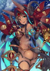 Rule 34 | 1girl, animal ears, ass, bare back, bare shoulders, beriko (dotera house), black hair, blue eyes, breasts, bridal gauntlets, butt crack, commentary request, dark skin, dark-skinned female, ears through headwear, elbow gloves, fate/grand order, fate (series), gloves, hair ornament, hood, horns, jewelry, large breasts, long hair, looking back, looking to the side, oil lamp, open mouth, queen of sheba (fate), revealing clothes, solo, tail, underboob