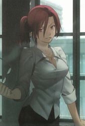 Rule 34 | 1girl, aozaki touko, blouse, breasts, cigarette, cleavage, glasses, highres, jewelry, jpeg artifacts, kara no kyoukai, large breasts, necklace, non-web source, pencil skirt, ponytail, red eyes, red hair, shirt, skirt, sleeves rolled up, solo, window