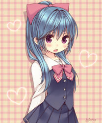 Rule 34 | 1girl, arms behind back, artist name, blue hair, blush, bow, hair bow, heart, miriry, open mouth, original, pleated skirt, ponytail, purple eyes, school uniform, skirt, solo