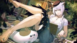 Rule 34 | 1girl, absurdres, animal ears, barefoot, beret, blue eyes, blue nails, blue skirt, blunt bangs, book, book stack, bracelet, breasts, cat ears, cat girl, cleavage, cookie, crossed legs, ear piercing, facepaint, fat cat (ff14), feet, final fantasy, final fantasy xiv, food, full body, hat, highres, indoors, jewelry, kyo (kuroichigo), lamp, leaf, leaning back, legs, library, looking at viewer, miqo&#039;te, nail polish, necklace, piercing, shirt, short hair, short sleeves, silver hair, sitting, skirt, solo, toes, warrior of light (ff14), white shirt