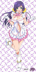 Rule 34 | 10s, 1girl, black hair, blush, boots, breasts, center opening, detached collar, gloves, green eyes, headset, knee boots, large breasts, love live!, love live! school idol festival, love live! school idol project, midriff, mizuki makoto, navel, open mouth, purple hair, scrunchie, skirt, smile, solo, tojo nozomi, twintails
