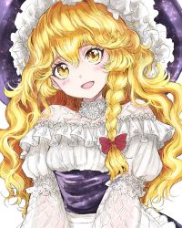 Rule 34 | 1girl, :d, alternate costume, apron, bare shoulders, black sash, blonde hair, blush, bow, braid, commentary request, dress, frilled apron, frilled dress, frills, hair between eyes, hair bow, hat, head tilt, highres, juliet sleeves, kirisame marisa, long hair, long sleeves, off-shoulder dress, off shoulder, open mouth, puffy sleeves, red bow, rosette (roze-ko), sash, simple background, single braid, smile, solo, starry sky print, touhou, upper body, waist apron, wavy hair, white apron, white background, white dress, wide sleeves, witch hat, yellow eyes
