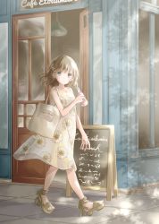 Rule 34 | 1girl, absurdres, arm up, artist self-reference, bag, blue eyes, bottle, breasts, brown footwear, cafe, chalkboard, collarbone, commentary, daisy, day, dress, euro sign, floral print, flower, full body, hair ornament, hairclip, highres, holding, holding bottle, hoshiibara mato, light brown hair, looking at viewer, medium hair, open door, original, outdoors, platform footwear, price list, sandals, shadow, shopping bag, sidewalk, sleeveless, sleeveless dress, small breasts, smile, soda bottle, solo, storefront, sundress, walking