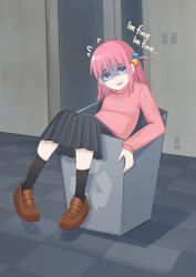 Rule 34 | 1girl, absurdres, arrow (symbol), bocchi the rock!, cube hair ornament, gotoh hitori, hair ornament, highres, in trash can, jacket, long hair, looking at viewer, non-web source, pink eyes, pink hair, pink jacket, pink track suit, recycle bin, recycling symbol, smile, track jacket, trash can