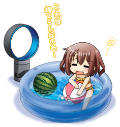 Rule 34 | 10s, 1girl, :d, = =, ball, beachball, bikini, brown hair, chibi, closed eyes, dyson (company), electric fan, fang, food, fruit, hair ornament, hairclip, ikazuchi (kancolle), kadose ara, kantai collection, open mouth, short hair, smile, solo, swimsuit, wading pool, water, watermelon