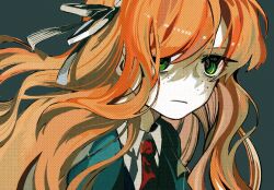 Rule 34 | 1girl, aqua coat, black coat, black vest, closed mouth, coat, collared shirt, expressionless, freckles, green eyes, hair ribbon, highres, ishmael (project moon), limbus company, long hair, looking at viewer, necktie, orange hair, pipio, project moon, red necktie, ribbon, shirt, solo, upper body, very long hair, vest, white ribbon, white shirt
