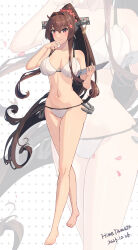 Rule 34 | 1girl, absurdres, artist name, bare arms, bare legs, bare shoulders, barefoot, bikini, blush, breasts, brown eyes, brown hair, closed mouth, collarbone, dated, flower, full body, hair between eyes, hair flower, hair ornament, highres, himeyamato, kantai collection, large breasts, long hair, multiple views, navel, pink flower, polka dot, polka dot background, signature, smile, swimsuit, very long hair, white bikini, yamato (kancolle), zoom layer