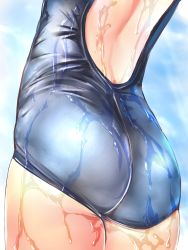 Rule 34 | 1girl, absurdres, ass, ass focus, bad id, bad pixiv id, close-up, dodai shouji, gradient background, highres, one-piece swimsuit, original, outdoors, school swimsuit, shiny clothes, sky, solo, standing, swimsuit, water, wet