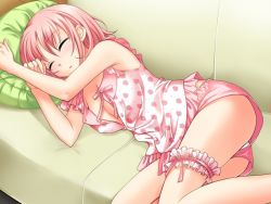 Rule 34 | 1girl, breasts, cleavage, couch, game cg, ginta, lying, on side, panties, pink hair, short shorts, shorts, sleeping, sleeveless, solo, sugar + spice, underwear