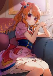 Rule 34 | 1girl, :&lt;, absurdres, aikatsu!, aikatsu! (series), asymmetrical bangs, back bow, bad id, bad twitter id, blush, bow, bowtie, braid, commentary, couch, cowboy shot, crown, crown braid, crown print, curtains, dated, dress, elbow rest, embarrassed, geshumaro, hand on own cheek, hand on own face, highres, idol, indoors, knees together feet apart, lips, long hair, looking at viewer, mini crown, multicolored bow, multicolored clothes, multicolored dress, nail polish, ozora akari, orange hair, painting (object), picture frame, pink dress, plant, puffy short sleeves, puffy sleeves, red bow, red eyes, short sleeves, signature, sitting, solo