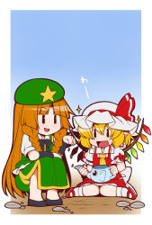 Rule 34 | 1girl, :d, beret, blonde hair, blouse, blue background, braid, check commentary, chibi, commentary request, crystal, dress, eichi yuu, fang, flandre scarlet, gardening, hat, hong meiling, knees together feet apart, long hair, mary janes, mob cap, open mouth, orange hair, plant, pointy ears, puffy short sleeves, puffy sleeves, red dress, ribbon, seed, shirt, shoes, short hair, short sleeves, side ponytail, side slit, sitting, skirt, skirt set, sky, smile, solo, star (symbol), stone, touhou, twin braids, watering can, white shirt, wings, wrist cuffs, yokozuwari, | |