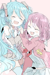 Rule 34 | 2girls, ahoge, aqua necktie, bare shoulders, blue hair, blue shirt, blue skirt, blue thighhighs, chibi, closed eyes, collared shirt, commentary request, detached sleeves, grey skirt, grey sleeves, hair between eyes, hair ornament, happy, hatsune miku, highres, jacket, light blush, long hair, long sleeves, medium hair, multiple girls, neckerchief, necktie, ootori emu, open mouth, pink background, pink hair, pink jacket, pointing, pointing at another, project sekai, red neckerchief, sailor collar, shirt, simple background, skirt, sleeveless, sleeveless shirt, smile, thighhighs, twintails, very long hair, vocaloid, white sailor collar, white shirt, xxxx saki