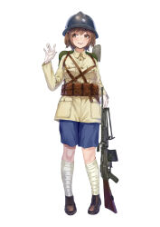 Rule 34 | 1girl, absurdres, ammunition pouch, black headwear, blue shorts, blush, breasts, brown footwear, chest rig, chinese commentary, collared jacket, full body, gloves, hair between eyes, hand up, helmet, highres, jacket, kuomintang, looking afar, looking to the side, medium breasts, medium hair, military jacket, military uniform, national revolutionary army, open mouth, original, pouch, puttee, shoes, shorts, shovel, simple background, smile, solo, standing, tachi-e, teeth, tuziki sang, uniform, upper teeth only, waving, weapon request, white background, white gloves, yellow eyes, yellow jacket