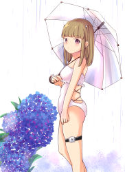 Rule 34 | 1girl, blunt bangs, brown eyes, casual one-piece swimsuit, feet out of frame, flower, frilled sweater, highres, hydrangea, long hair, looking at viewer, one-piece swimsuit, original, rain, solo, standing, swimsuit, teteno tsuki, umbrella, white one-piece swimsuit, white umbrella