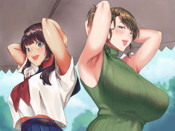 Rule 34 | 2girls, amai wakusei, armpits, arms behind head, arms up, bare arms, bare shoulders, black hair, blonde hair, blue eyes, blue skirt, blush, breasts, chiiki no onna to micchaku: machi no onna de oppai stamprally, day, eyebrows, highres, huge breasts, large breasts, looking at viewer, mother and daughter, multiple girls, open mouth, original, outdoors, sailor collar, school uniform, serafuku, skirt, sleeveless, sleeveless sweater, sleeveless turtleneck, smile, sweater, turtleneck, twintails, upper body, yellow eyes
