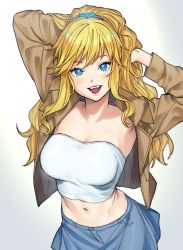 Rule 34 | 1girl, :d, arms up, blonde hair, blue eyes, blurry, blush, breasts, cleavage, depth of field, idolmaster, idolmaster cinderella girls, jacket, kimidake, large breasts, long hair, looking at viewer, midriff, navel, ohtsuki yui, open clothes, open jacket, open mouth, ponytail, sidelocks, simple background, skirt, smile, solo, strapless, tube top