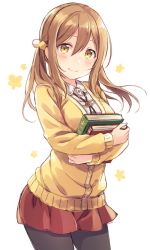 Rule 34 | 10s, 1girl, alternate hairstyle, black pantyhose, blush, book, book stack, breasts, brown hair, cardigan, closed mouth, collared shirt, commentary request, cowboy shot, hair between eyes, highres, holding, holding book, kunikida hanamaru, long hair, long sleeves, looking away, love live!, love live! school idol festival, love live! sunshine!!, medium breasts, pantyhose, pleated skirt, pom pom (clothes), red skirt, sakou mochi, shirt, sketch, skirt, smile, solo, twintails, white background, white shirt, wing collar, yellow eyes