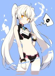 Rule 34 | 1girl, bad id, bad twitter id, bare shoulders, bikini, black bikini, blush, bracelet, center opening, cowboy shot, elsword, eve (elsword), facial mark, fingernails, flat chest, forehead jewel, gem, gluteal fold, grey hair, hand up, headgear, highres, hwansang, jewelry, legs apart, long hair, nail polish, navel, partially submerged, pink nails, solo, sweatdrop, swimsuit, twintails, very long hair, wading, water, yellow eyes