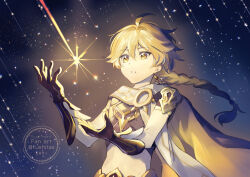 Rule 34 | 1boy, aether (genshin impact), ahoge, arm armor, armor, blonde hair, blue sky, braid, brown gloves, brown shirt, cape, earrings, fushitasu, genshin impact, gloves, gold trim, hair between eyes, hands up, jewelry, light, long hair, looking at object, male focus, night, night sky, outdoors, scarf, shirt, short sleeves, shoulder armor, single earring, sky, solo, standing, star (sky), starry sky, teeth, white scarf, yellow cape, yellow eyes