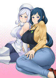 Rule 34 | 10s, 2girls, absurdres, aila jyrkiainen, apron, ass, badge, bare shoulders, beret, blue eyes, blue hair, blue pantyhose, blush, boots, breasts, button badge, buttons, covered erect nipples, curvy, denim, dress, elbow gloves, fingernails, flipped hair, fur trim, gloves, gradient background, gundam, gundam build fighters, halterneck, hand on own thigh, hand on thigh, haro, haro button badge, hat, highres, holding another&#039;s arm, iori rinko, jeans, jewelry, large breasts, long fingernails, long hair, long sleeves, looking at viewer, low ponytail, mature female, multiple girls, open mouth, pants, pantyhose, parted lips, ponytail, reclining, ribbed sweater, ring, shadow, short dress, sideboob, silver hair, simple background, sitting, smile, sweat, sweater, swept bangs, thick thighs, thigh boots, thighhighs, thighs, turtleneck, wedding band, wedding ring, white legwear, yokozuwari, zonda (solid air)