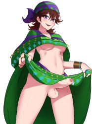 Rule 34 | 1futa, absurdres, bandana, blush, breasts, brown hair, chilichi5, clothes lift, erection, full-package futanari, futanari, headgear, highres, lifting own clothes, long hair, looking at viewer, medium breasts, newhalf, open mouth, original, penis, precum, purple eyes, simple background, skirt, skirt lift, solo, testicles, uncensored, underboob, verdict, white background