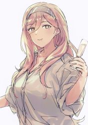 Rule 34 | 1girl, alternate costume, blonde hair, buttons, closed mouth, collarbone, collared shirt, cup, grey eyes, holding, holding cup, kantai collection, long hair, mole, mole under eye, mole under mouth, richelieu (kancolle), satsumi, shirt, smile, solo, upper body, white shirt
