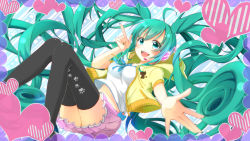Rule 34 | 1girl, :d, absurdly long hair, aoi (kiyokiyoaomushi), black thighhighs, blue ribbon, cardigan, floating hair, green eyes, green hair, green nails, hatsune miku, headphones, headset, heart, highres, hood, hood down, hooded cardigan, index finger raised, long hair, microphone, midriff, miniskirt, nail polish, neck ribbon, open cardigan, open clothes, open mouth, outstretched arm, outstretched hand, pink skirt, pleated skirt, ribbon, shirt, short sleeves, skirt, smile, stomach, striped, striped background, thighhighs, twintails, very long hair, vocaloid, white shirt, yellow cardigan, zettai ryouiki