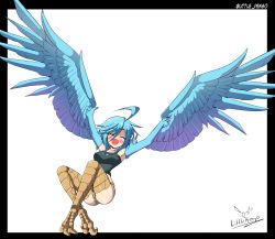 Rule 34 | 1girl, absurdres, ahoge, artist name, bare shoulders, bird legs, black border, black tank top, blue hair, blue wings, blush, border, breasts, commentary, english commentary, closed eyes, feathered wings, feathers, hair between eyes, harpy, highres, littlepengo, medium breasts, medium hair, monster girl, monster musume no iru nichijou, open mouth, papi (monster musume), short shorts, shorts, simple background, solo, talons, tank top, white background, winged arms, wings, yellow eyes