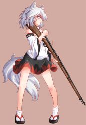 Rule 34 | 1girl, animal ear fluff, animal ears, bare shoulders, bolt action, detached sleeves, gun, hat, highres, inubashiri momiji, looking away, nama shirasu, pom pom (clothes), profile, rifle, short hair, silver hair, simple background, solo, tail, touhou, weapon, wolf ears, wolf tail, yellow eyes