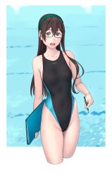Rule 34 | 1girl, alternate costume, aqua eyes, aqua hairband, bare arms, bare legs, bare shoulders, black hair, black one-piece swimsuit, blush, collarbone, competition swimsuit, cowboy shot, cropped legs, glasses, groin, hair between eyes, hairband, highres, holding, holding pencil, kantai collection, long hair, looking at viewer, one-piece swimsuit, ooyodo (kancolle), open mouth, outside border, pencil, pool, semi-rimless eyewear, solo, swimsuit, teeth, under-rim eyewear, upper teeth only, yuuji (and)