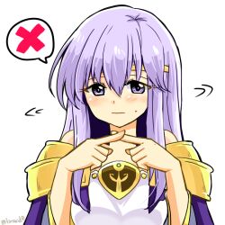Rule 34 | 1girl, circlet, closed mouth, commentary request, dress, fire emblem, fire emblem: genealogy of the holy war, julia (fire emblem), long hair, looking at viewer, nintendo, purple eyes, purple hair, simple background, solo, spoken x, x fingers, yukia (firstaid0)